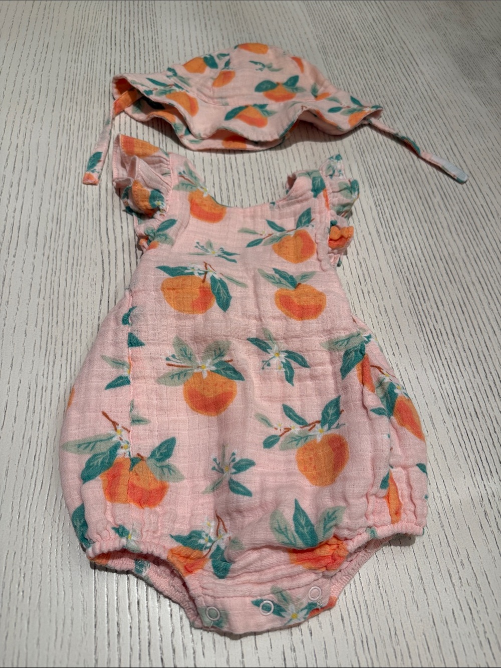 Angel Dear Light Pink Orange Blossom-Print Muslin Baby Romper with Matching Hat